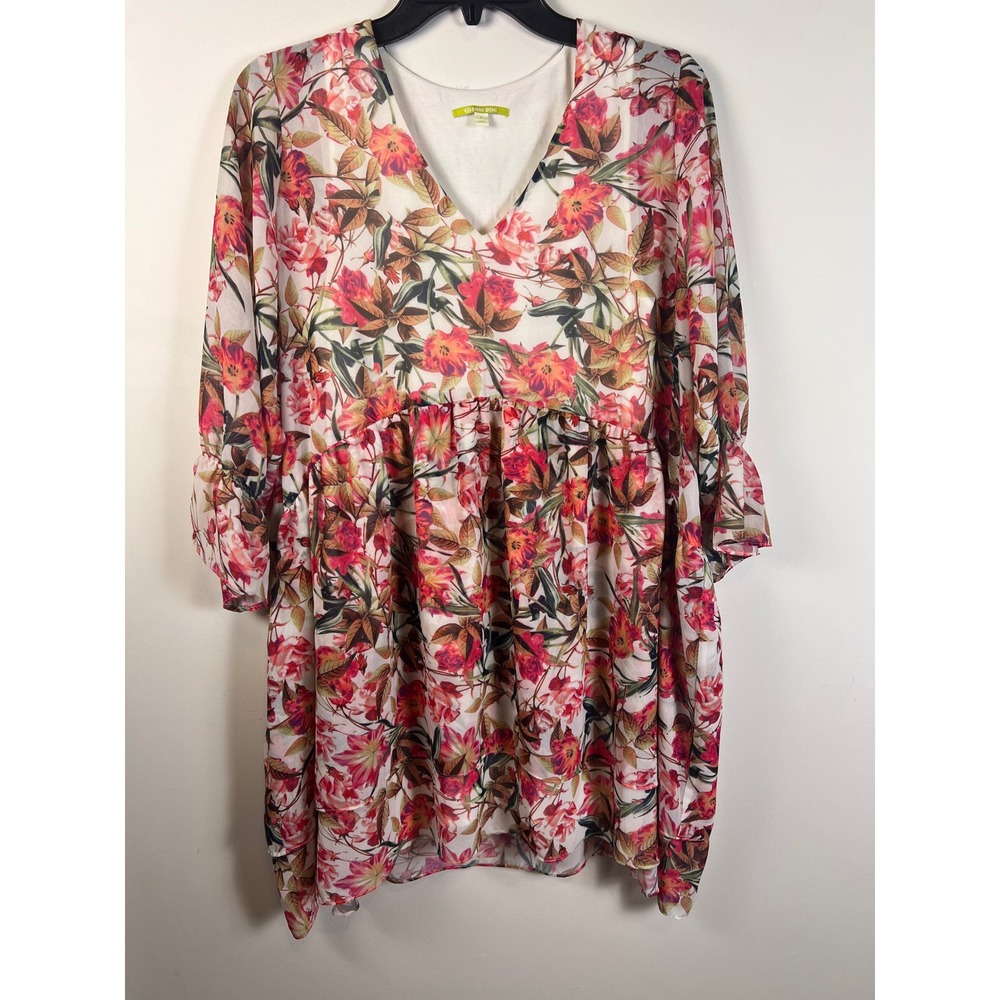 Gianni Bini Women Floral Chiffon V Neck Tiered Ruffle Sheer Sleeve Dress Sz S